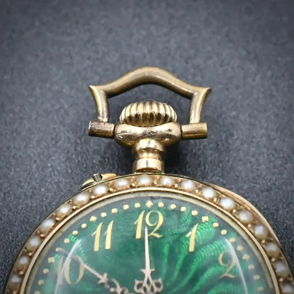 Antique 14K Gold Green Guilloche Enamel Ladies Pendant Watch & Pin Set - NW